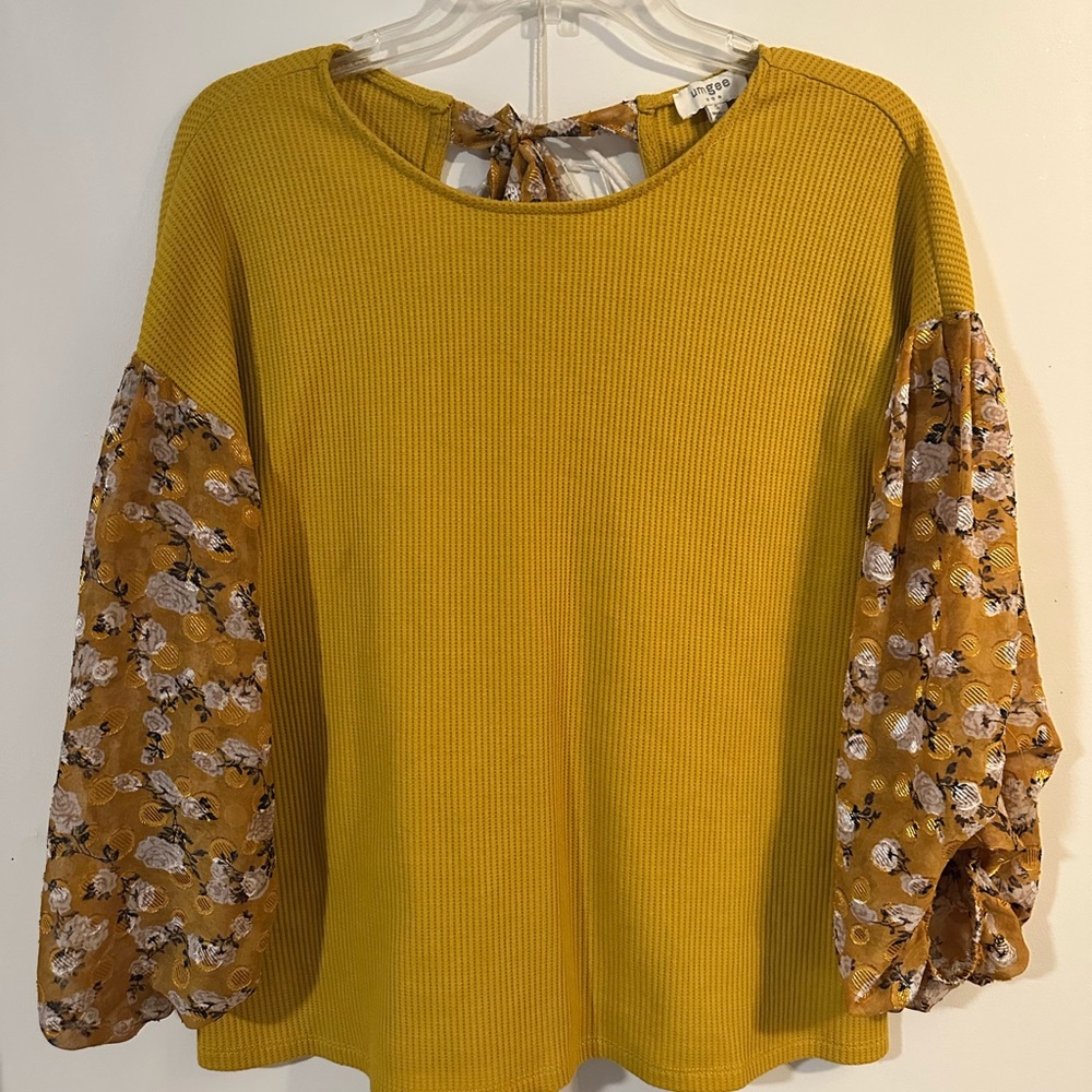 Umgee Yellow Tie Front Blouse with Relaxed Floral Sleeves
